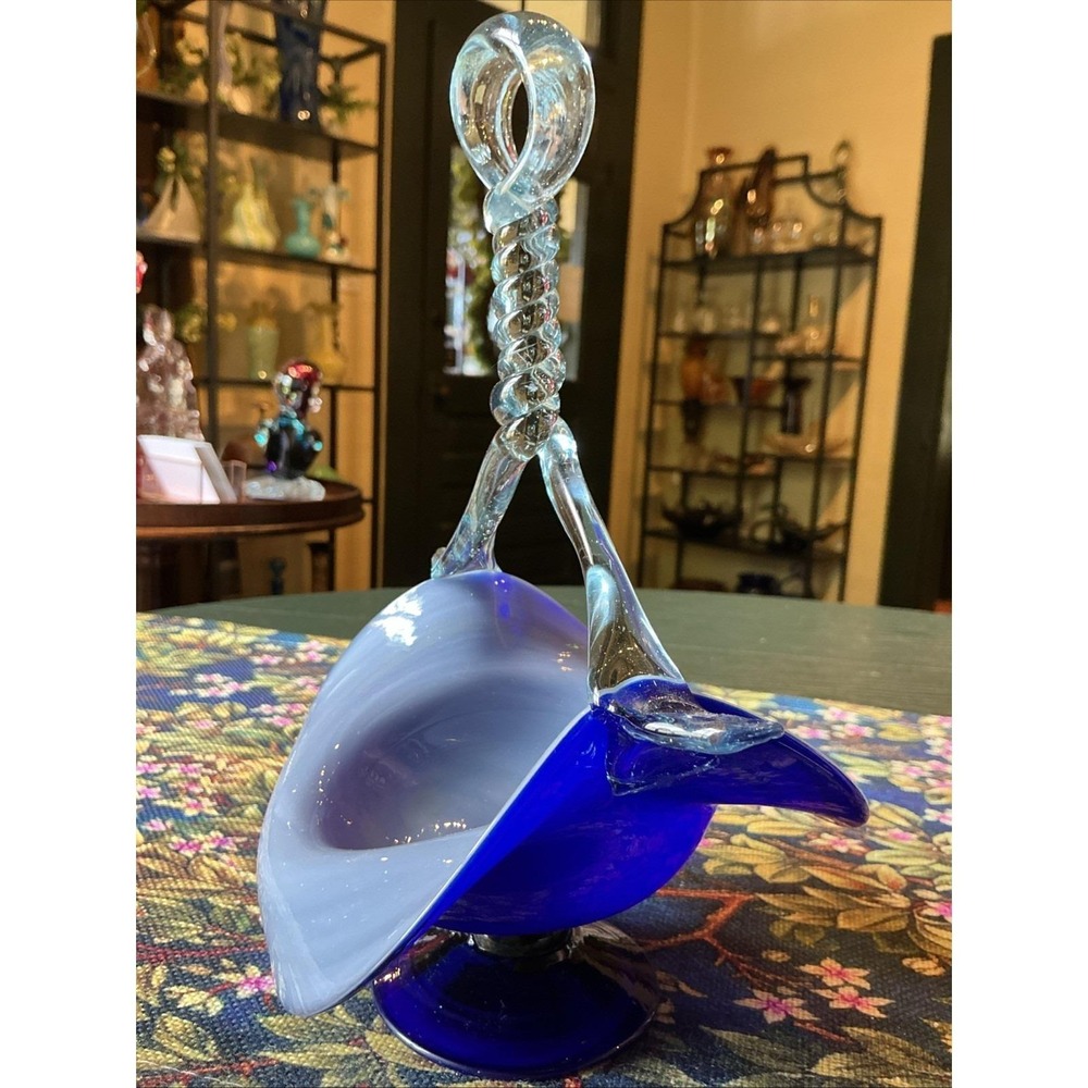 VTG 8.5" Hand Blown Cobalt Blue Glass Basket w/ Twisted Handle